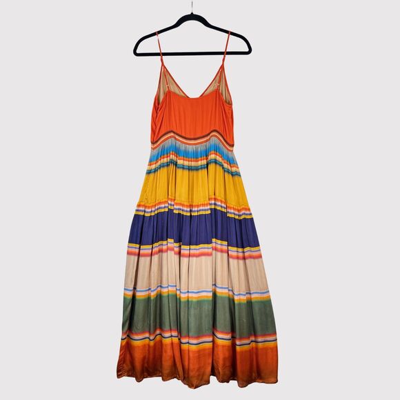Anthropologie Tanvi Kedia Dress Orange V Neck Midi Striped Tiered Flowy Small - Picture 3 of 12